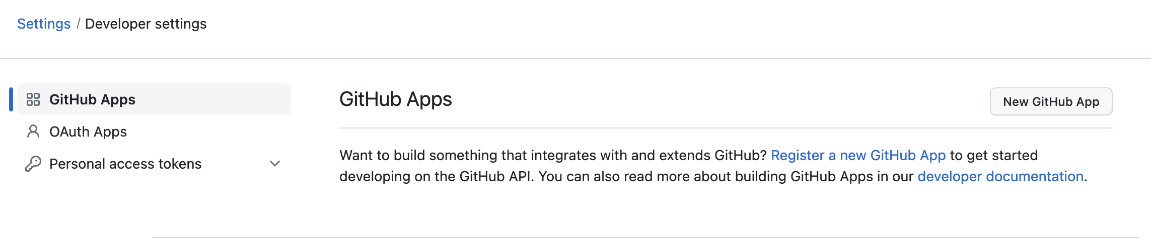 GitHub screenshot showing the option to create a new app.