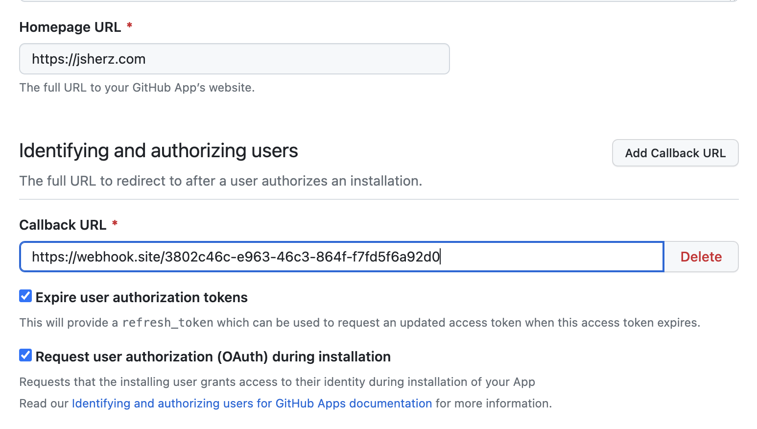 GitHub screenshot showing webhook.site being used as the callback URL.