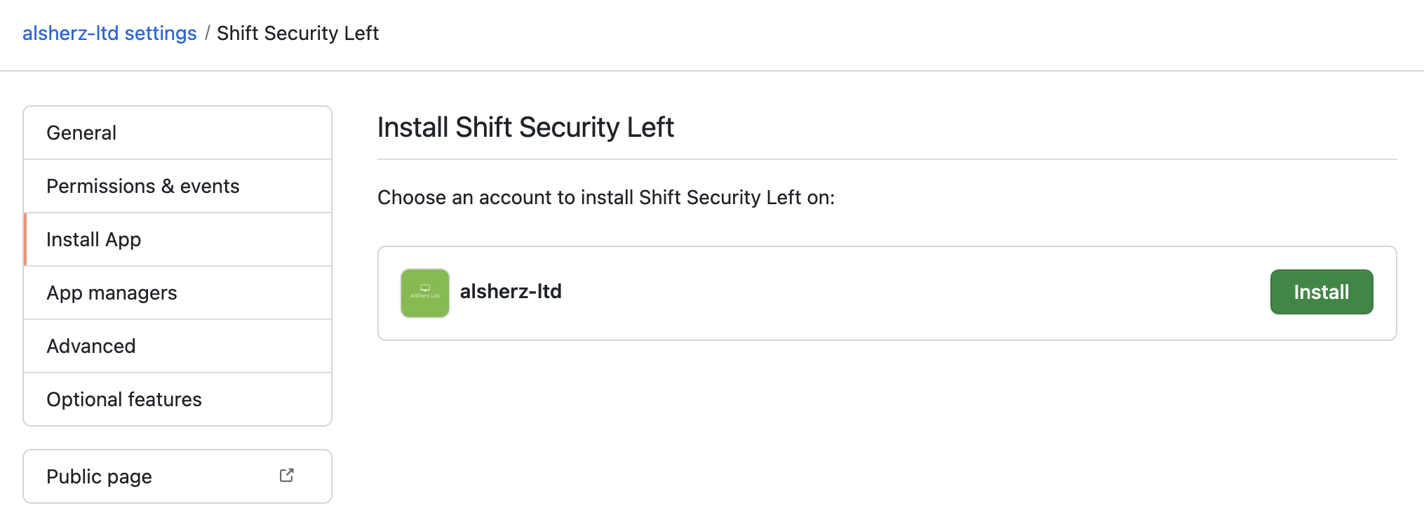 GitHub screenshot showing the install button to add the app to our organization.